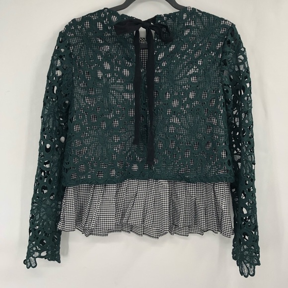 ANTHRO MAEVE Gabriella Gingham Crochet Lace Pleated Tie Back Top Blouse Bow Back - Picture 4 of 5